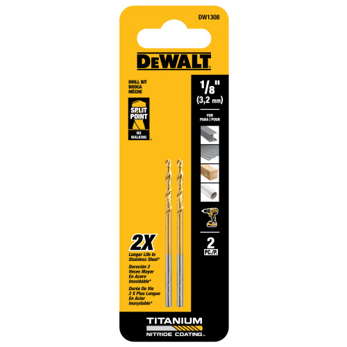 DeWalt DW1308 1/8 Inch Titanium Nitride Coated Drill Bit - 2pk