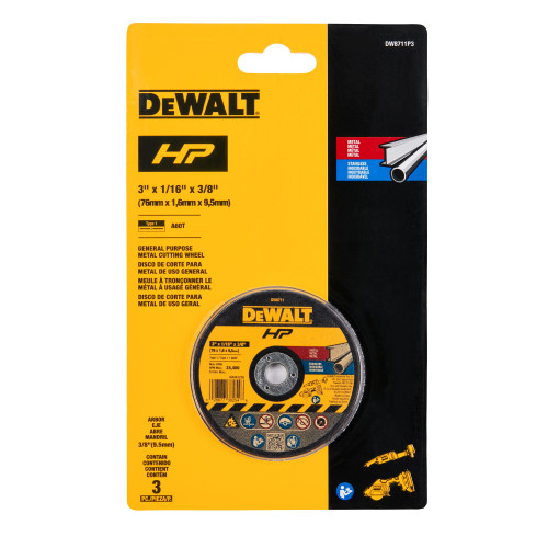 DeWalt DW8711P3 HP 3 inch x 1/16 inch x 3/8 inch Bonded Cutting Wheels - 3pk showing in packaging