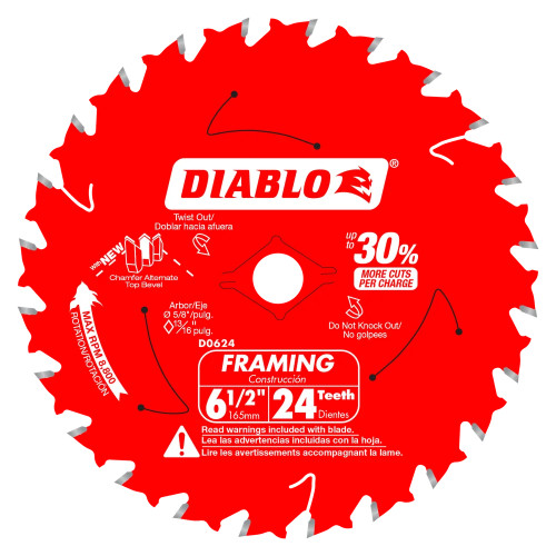 Diablo D0624A 6-1/2 Inch x 24T Wood Cutting Framing Saw Blade