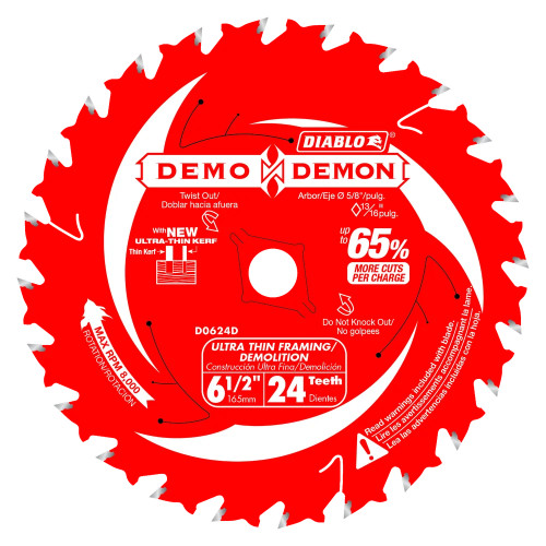 Diablo D0624DA Demo Demon 6-1/2 Inch x 24T Wood Cutting Ultra-Thin Framing / Demolition Saw Blade