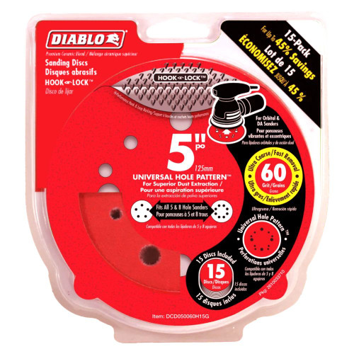 Diablo DCD050060H15G 5 inch 60 Grit Hook  and Lock Random Orbital Sandpaper (ROS) Sanding Discs - 15pk