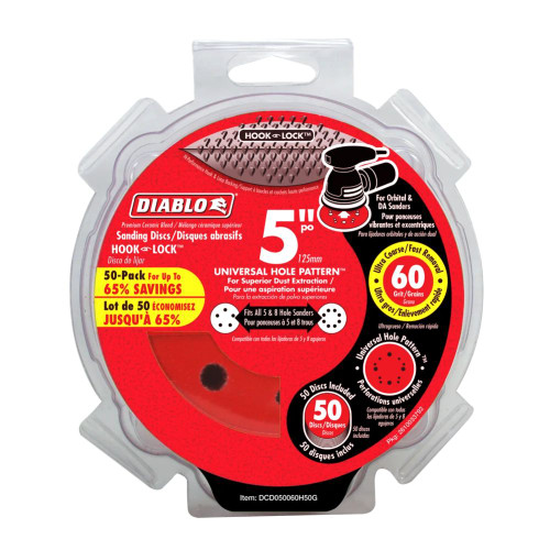 Diablo DCD050060H50G 5 inch 60 Grit Hook  and Lock Random Orbital Sandpaper (ROS) Sanding Discs - 50pk