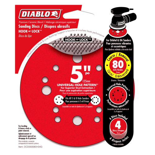 Diablo DCD050080H04G 5 inch 80 Grit Hook  and Lock Random Orbital Sandpaper (ROS) Sanding Discs - 4pk