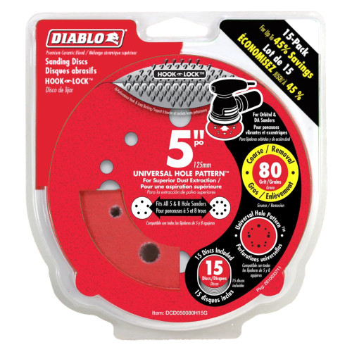 Diablo DCD050080H15G 5 inch 80 Grit Hook  and Lock Random Orbital Sandpaper (ROS) Sanding Discs - 15pk