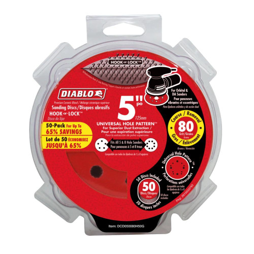 Diablo DCD050080H50G 5 inch 80 Grit Hook  and Lock Random Orbital Sandpaper (ROS) Sanding Discs - 50pk