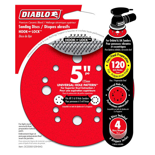 Diablo DCD050120H04G 5 inch 120 Grit Hook  and Lock Random Orbital Sandpaper (ROS) Sanding Discs - 4pk
