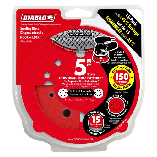 Diablo DCD050150H15G 5 inch 150 Grit Hook  and Lock Random Orbital Sandpaper (ROS) Sanding Discs - 15pk