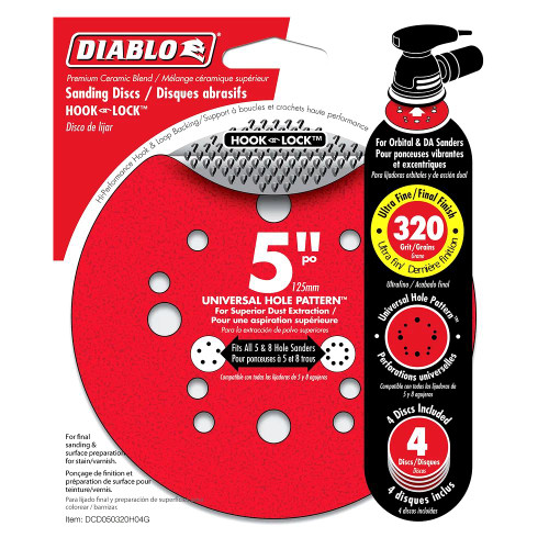 Diablo DCD050320H04G 5 inch 320 Grit Hook  and Lock Random Orbital Sandpaper (ROS) Sanding Discs - 4pk