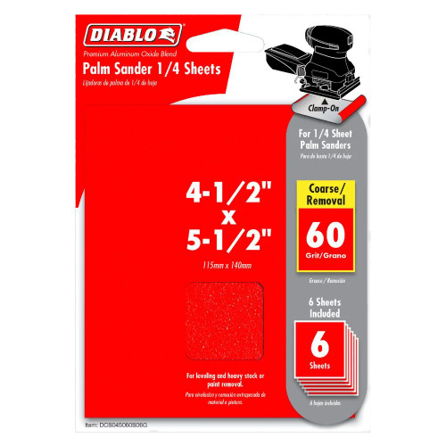 Diablo DCS045060S06G 4-1/2 inch x 5-1/2 inch 60 Grit Clamp-On Palm Sander 1/4 Sanding Sheets - 6pk