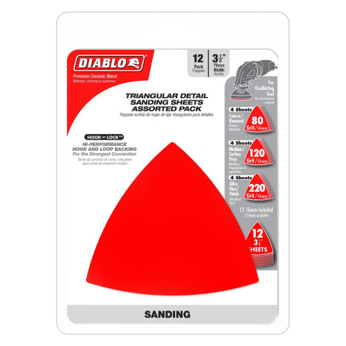 Diablo DCT334ASTH12G 12pc 3-3/4 inch Assorted Grit Hook  and Lock Oscillating Detail Triangle Sanding Sheet Set