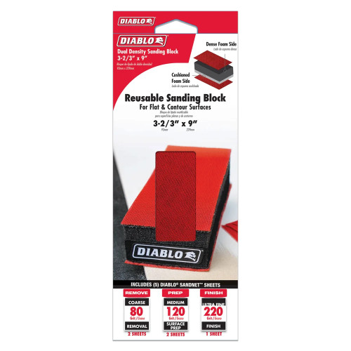 Diablo DFB323DUOH01G 3-2/3 inch x 9 inch Reusable Dual-Density Hand Sanding Block with 5 Assorted SandNET Sheets Set