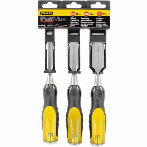 Stanley 16970 FATMAX 3pc Thru-Tang Wood Chisel Set showing in packaging