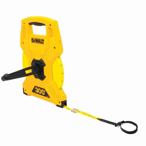 DeWalt DWHT34067 60 meter / 200 feet Fiberglass Long Tape Measure showing with first few inches pulled out showing the tape measure blade