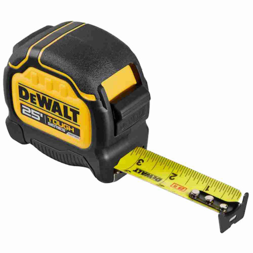 DeWalt DWHT36925S TOUGHSERIES 25 feet Tape Measure showing with first few inches pulled out showing the tape measure blade