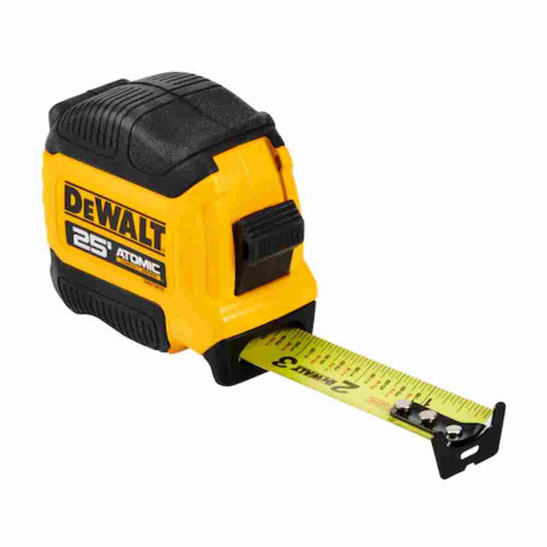 DeWalt DWHT38125S ATOMIC 25 feet Tape Measure showing with first few inches pulled out showing the tape measure blade