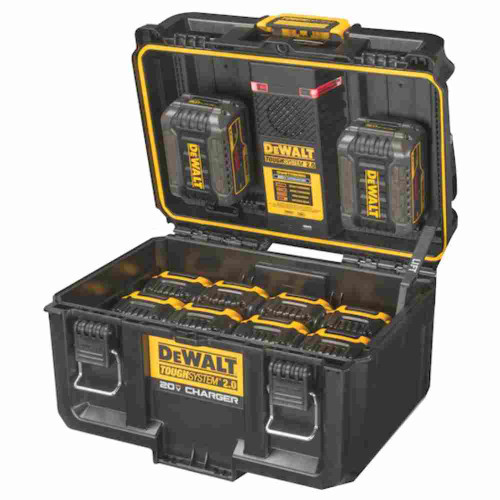 DeWalt DWST08050 TOUGHSYSTEM 2.0 20V Dual-Port Charger Box showing box open with storage full and nd two batteries of the charger  (All batteries sold separately)