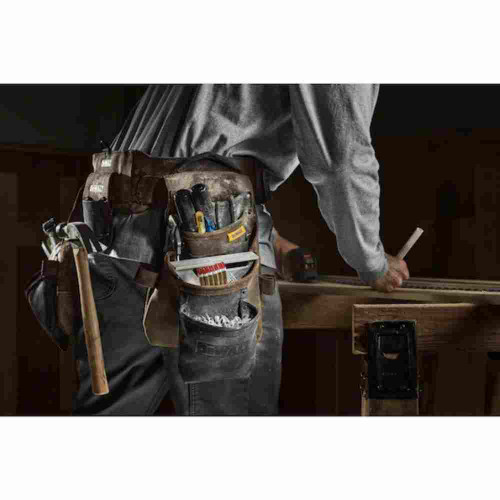 DeWalt DWST550113 Leather Tool Rig showing with tools loaded in pouch mounted to a contractor foots belt (Tools sold separately)