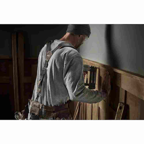 DeWalt DWST550116 Leather Tool Belt Suspenders showing attached to tool belt hanging on contractor working on site (Tools and belts sold separately)