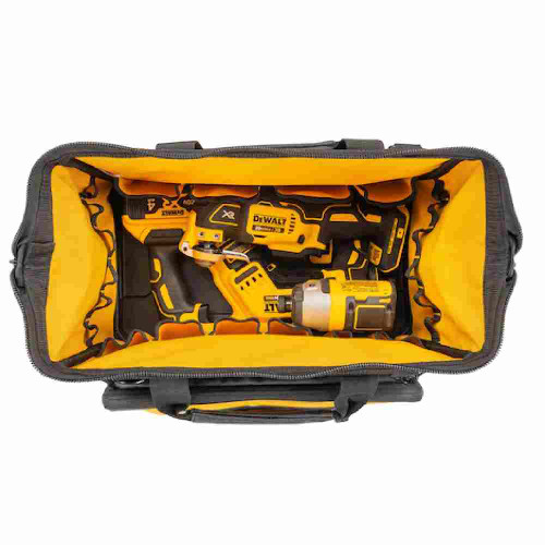 DeWalt DWST560103 16 inch Professional Open Mouth Tool Bag showing the pockets inside of the bag with tools at the bottom (Tools sold separately)