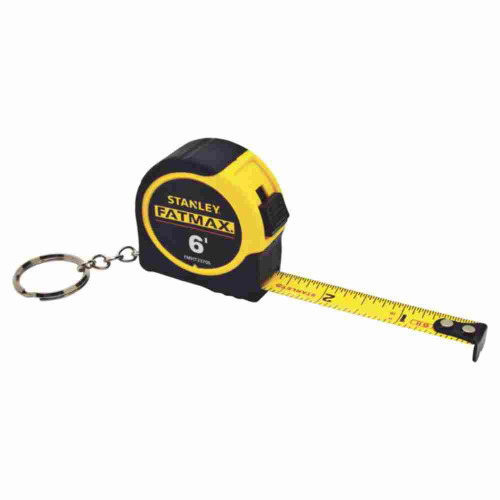 Stanley FMHT33706M FATMAX 6 feet Keychain Tape Measure showing with first few inches pulled out showing the tape measure blade