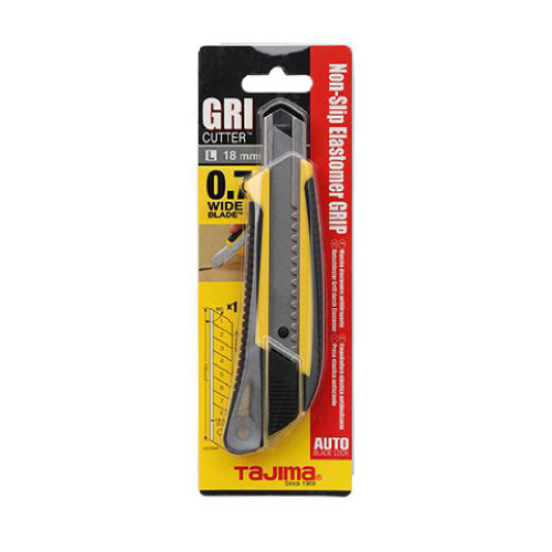 Tajima LC-560 Heavy Duty GRI 18mm Auto Lock Utility Knife with Endura Blades showing knife in packaging