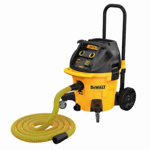 DeWalt DWV015 15 Amp 10 Gallon Wet / Dry HEPA / RRP Dust Extractor showing with vacuum hose coiled in front of vacuum