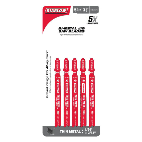 Diablo DJT121GF5 3-5/8 inch 21 TPI Bi-Metal T-Shank Jig Saw Blades for Thin Metal Cutting - 5pk