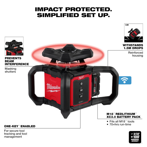 Milwaukee 3701-21 M18 Cordless 2000 foot Red Exterior Rotary Laser Level Kit with Receiver (Tool Only)