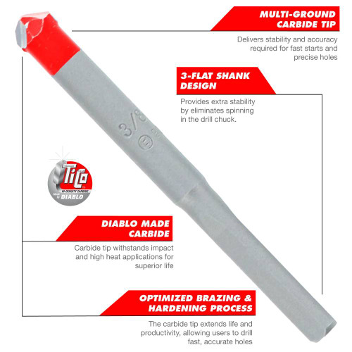 Diablo DMANS1010 1/8 inch Tile  and Stone Carbide Tipped Drill Bit