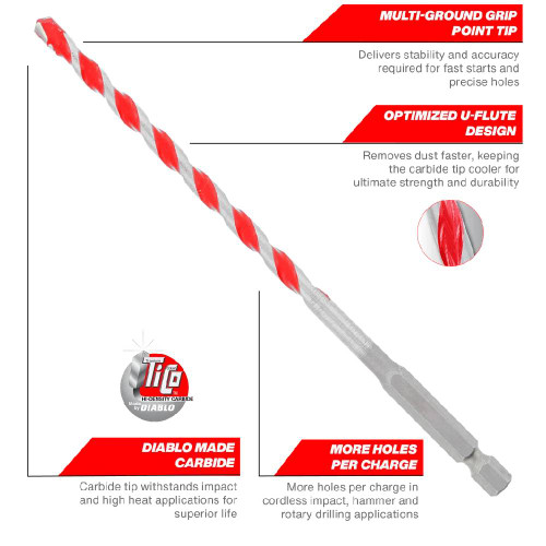 Diablo DMARG1010 1/8 inch x 2 inch x 3 inch SPEEDemon Red Granite Carbide Tipped Hammer Drill Bit