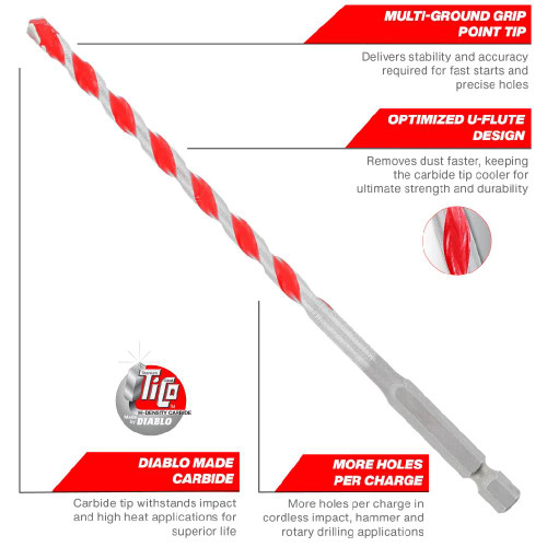 Diablo DMARG1150 1/2 inch x 4 inch x 6 inch SPEEDemon Red Granite Carbide Tipped Hammer Drill Bit