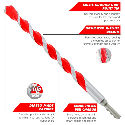 Diablo DMARG1210 1 inch x 10 inch x 12 inch SPEEDemon Red Granite Carbide Tipped Hammer Drill Bit