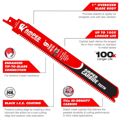 Diablo DS0608CFA3C Steel Demon AMPED 6 inch x 8 TPI Carbide Reciprocating Saw Blades for Thick Metal Cutting - 3pk