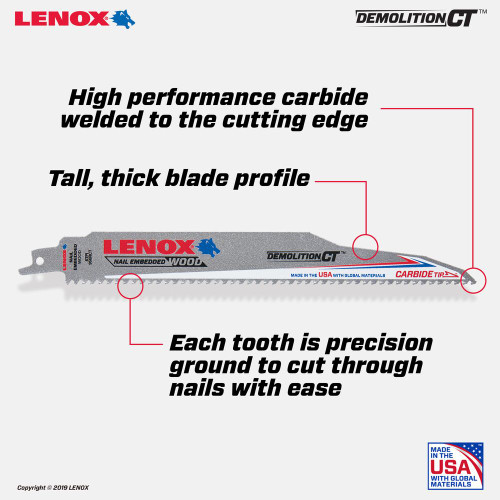 Lenox 1832144 9 inch x 1 inch x .050 inch 6 TPI Demolition CT Reciprocating Saw Blades for Nail Embedded Wood Cutting - 5pk