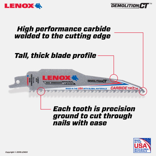 Lenox 1832162 6 inch x 1 inch x .050 inch 6 TPI Demolition CT Reciprocating Saw Blades for Nail Embedded Wood Cutting - 5pk