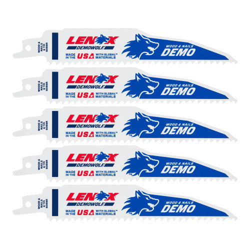 Lenox 203706066R5 DemoWolf  6 Inch x 1 Inch x .062 Inch 6 TPI Reciprocating Saw Blades for Demolition - 5pk