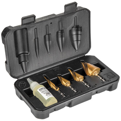 Klein Tools 25950 4pc VACO Double-Fluted Spiral Step Bit Kit showing bits and oil in storage case