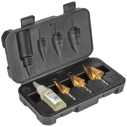 Klein Tools 25951 3pc VACO Double-Fluted Spiral Step Bit Kit showing bits and oil in storage case