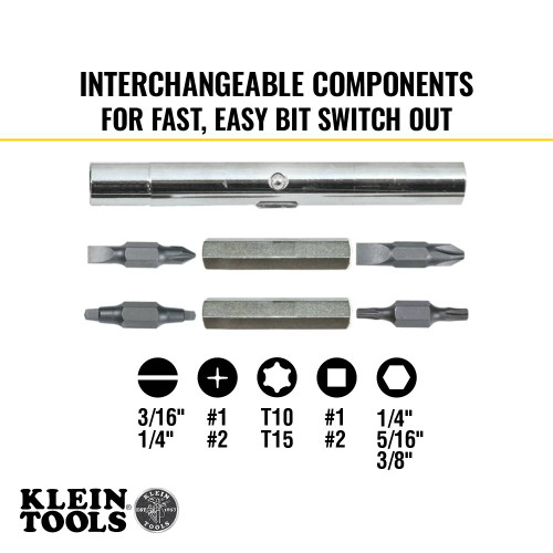 Klein Tools 32500 11-in-1 Multi-Bit Magnetic Screwdriver / Nut Driver showing inclusions of the set