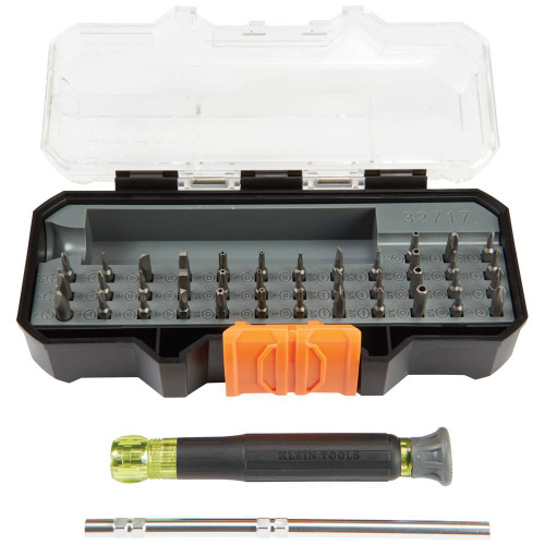 Klein Tools 32717 All-in-1 Precision Screwdriver Set with Case showing with additional bits and case