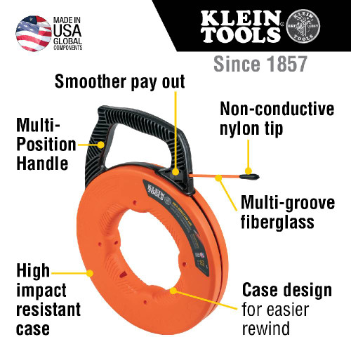 Klein Tools 56383 100 foot Multi-Groove Fibreglass Fish Tape with Nylon Tip