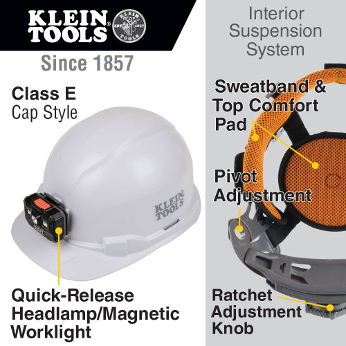 Klein Tools 60107RL White Non-Vented Cap Style Hard Hat with Rechargeable Headlamp