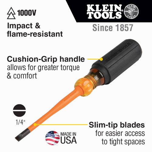 Klein Tools 6926INS 1/4-inch x 6-inch Slim Cabinet Tip Round Shank 1000V Insulated Screwdriver