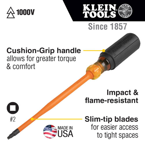 Klein Tools 6946INS #2 x 6-inch Slim Square Tip Round Shank 1000V Insulated Screwdriver showing features of the screwdriver