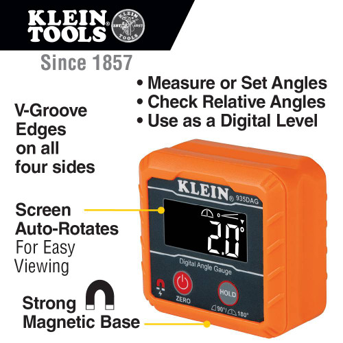 Klein Tools 935DAG Digital Angle Gauge and Level showing features of the gauge and level