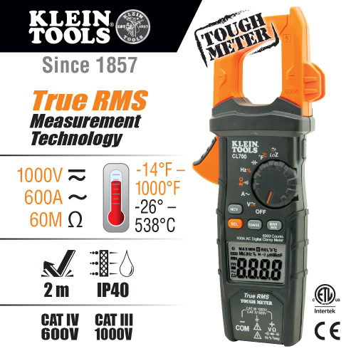 Klein Tools CL700 600 Amp Digital Clamp Meter with Loz Mode showing features of the tester