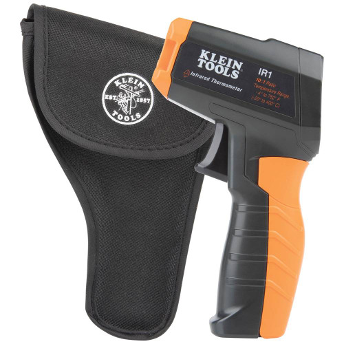 Klein Tools IR1 10:1 Infrared Digital Thermometer with Targeting Laser showing thermometer with case