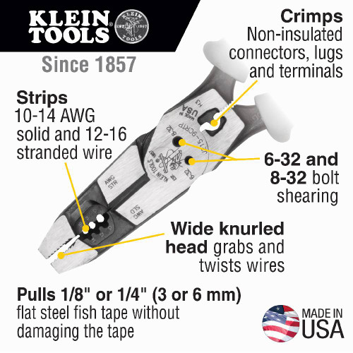 Klein Tools J2159CRTP Hybrid Pliers with Crimper, Fish Tape Puller and Wire Stripper showing features