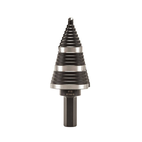 Klein Tools KTSB15 #15 3-Step 7/8 inch to 3/8 inch Double-Fluted High-Speed Step Drill Bit showing from a different angle