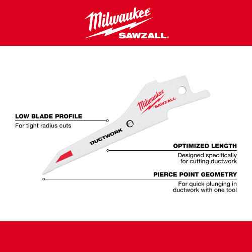 Milwaukee 48-00-1630 SAWZALL 3-1/3 inch 5 TPI Ductwork Blades - 5pk showing features of the sawzall blade